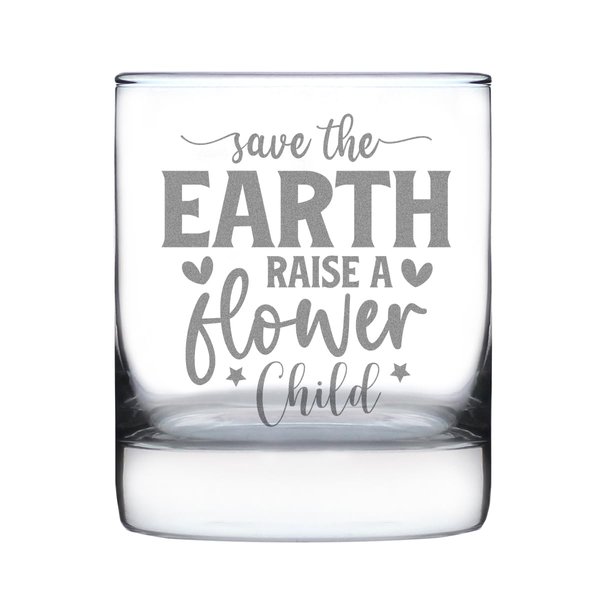 Save The Earth Design Rocks Glass, Hand Engraved 10oz, Etched Drinkware, Eco Friendly Gifts, Gift for Nature Lovers, Flower Child Glass