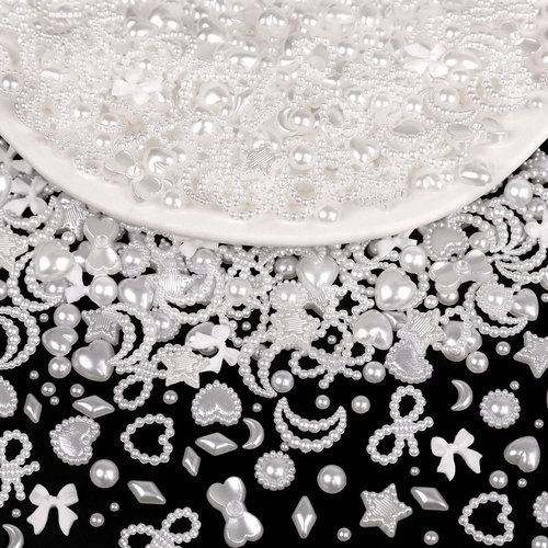 600Pcs 3D Multi Shapes Nail Charms - White Mix Styles Stars Bowknots Heart Pearls for Nail Art DIY Crafts Design Accessories Nail Supplies(White)