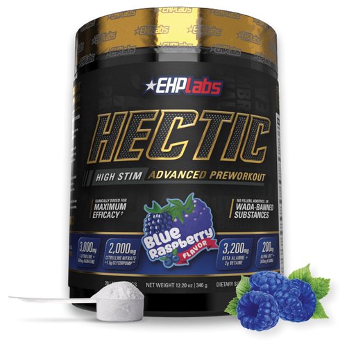 EHP Labs Hectic PreWorkout - High Stim Advanced Pre Workout Powder for Max Performance - Caffeine, Beta Alanine, Coconut Water - Energy, Pump, Recovery & Hydration - 40 Serves (Blue Raspberry)