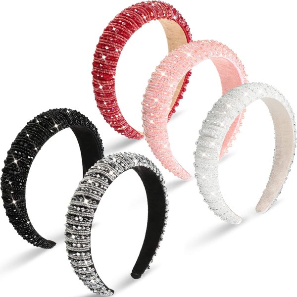 Syhood 5 Pcs Rhinestone Padded Valentines Headband Crystal Beaded Bling Glitter Headband Wide Edge Bejeweled Headwear Rhinestone Embellished Headpiece Wedding Hair Accessory