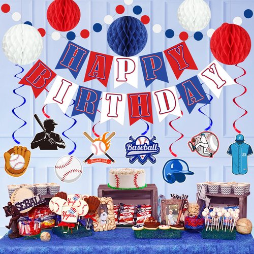 Baseball Birthday Party Decorations Baseball Happy Birthday Banners Navy Blue Red Honeycomb Ball Baseball Theme Hanging Swirl Streamer Circle Dot Garland Decor for Kids Adult Sports Party Supplies