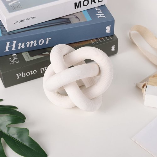Renococo Wood Chain Link Decor 3-Link,6 Inch Dia Wood ,White/Wood Color Hand Carved,Knot Decorative Object,Coffee Table Decor,Country Chain Knot Decor,Mom Gifts