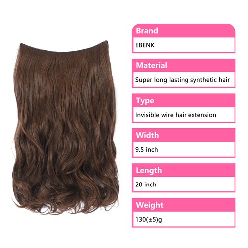 EBENK 4PCS Clip In Hair Extensions 20 Inch - Long Wavy Secret Hairpiece with Adjustable Transparent Wire, Secure Clips, Hair Pieces for Women M10B-12(Chocolate Brown)
