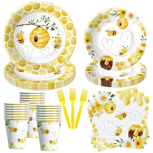 YJRJSC Bee Baby Shower Decorations Paper Plates And Napkins Party Supplies - Bee Birthday Party Decorations Tableware, Plate, Cup, Napkin, Fork, Bumble Theme Bee Day Decorations Dinnerware | Serves 24
