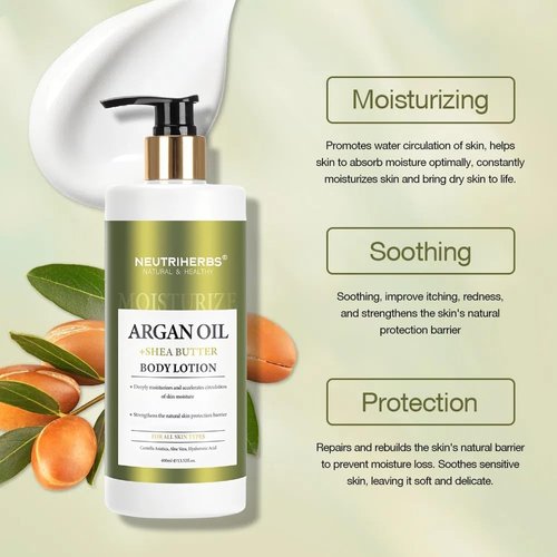 Neutriherbs Body Lotion for Women and Men, Argan Oil + Shea Butter Body Cream, Deep Moisture and Soothin Skin, Plump Bottle - 13.52 Fl Oz