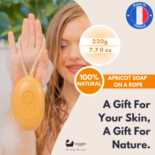 Eco Bath London Apricot Soap on a Rope 220g- Luxury Eco-Friendly Apricot Soap Bar, Scented Body Wash Bar with Shea Butter, Natural Shower Gel Bar for Smooth and Hydrated Skin