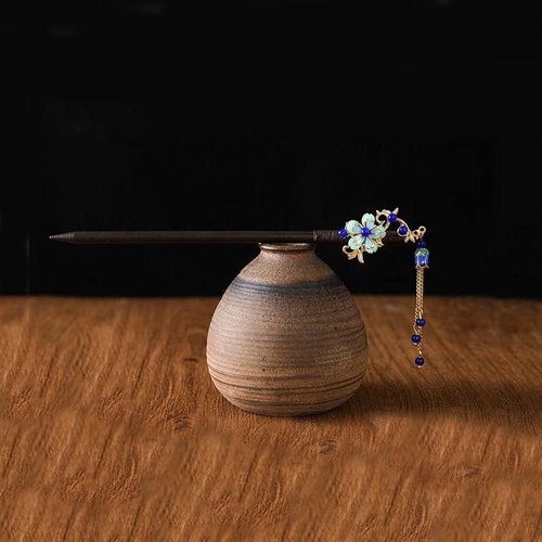 Blue Gold Chinese tide Hair Stick Retro Wooden Hairpin Flower Hair Chopsticks Vintage Tassel Hair Stick Wedding Party Hair Stick Hanfu Hairpins and Accessories