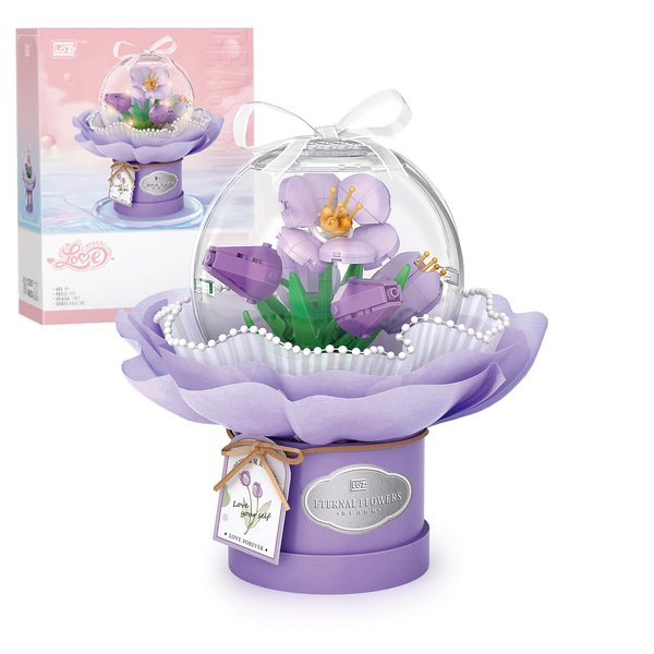 MEIEST Flower Building Blocks Set with Dust-Proof Dome,Simulation Bouquet for Valentine's Day,Bonsai Building Bricks Toys,Home Decor (Tulip)