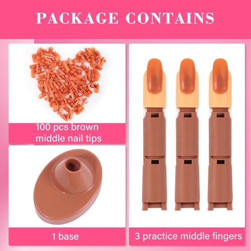 Nail Practice Finger for Acrylic Nails, 3PCS Adjustable Fake Mannequin Fingers with 1PC Acrylic Finger Base and 100PCS Brown Nail Tips, Movable Flexible Training Fake Finger Nail to Practice Nail Art