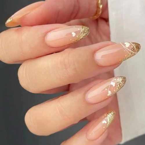 Press on Nails Almond Medium 24Pcs Glossy Full Cover Acrylic Gold Glitter French Tips False Nails with White Heart Designs Glue on Nails Artificial Valentine's Day Fake Nails Stick on Nails for Women