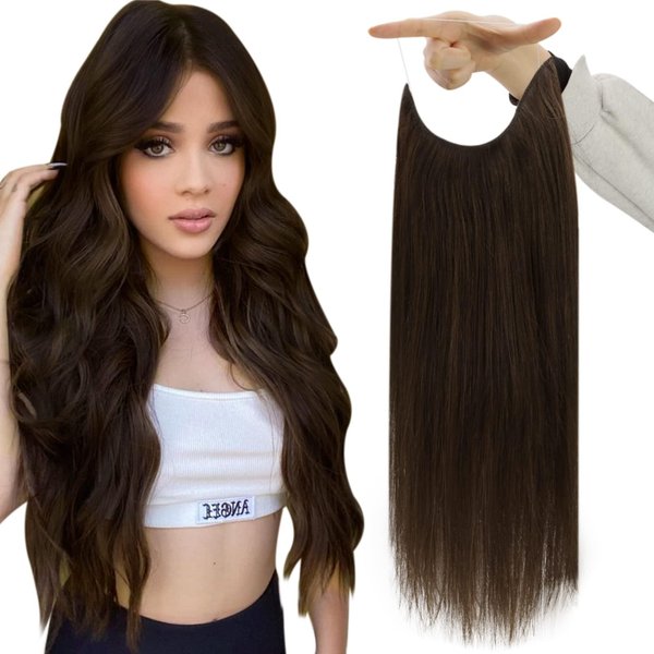 Fshine Wire Hair Extensions Real Human Hair Dark Brown 20 Inch 80g Hairpiece Wire Hair Extensions Straight Human Hair with Transparent Invisible Fish Line Remy Human Hair Extensions