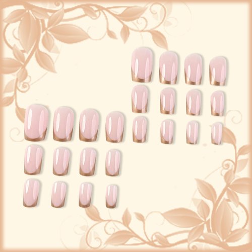 24Pcs French Tips Press on Nails with French Design, French Tips Manicure Art Acrylic Medium Coffin Full Cover Fake Nails Stick on Nails Glossy Gold French Tips False Nails Gel Glue on Nail for Women
