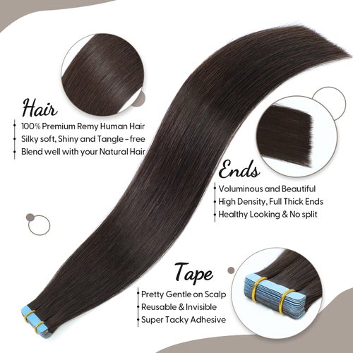 Jerriess Tape in Hair Extensions Human Hair, Professional Grade Remy Human Hair Tape in Extensions, Silky Texture &Full Thick Ends Hair Extensions, 20pcs 40g/pack Straight Dark Brown, 14 inch(#2)