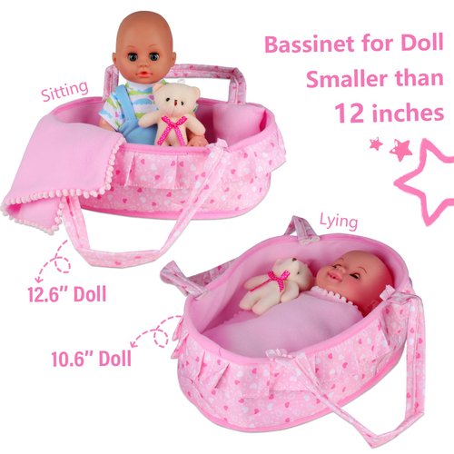 Baby Doll Cradle Bassinet Portable Doll Carrier Carry Bag Doll Bed,Baby Doll Accessories Playset,Soft Pillow Quilt Blanket Plush Bear,for 8-9-10-11-12 Inch Smaller Alive Baby Doll Pretend Play Toy