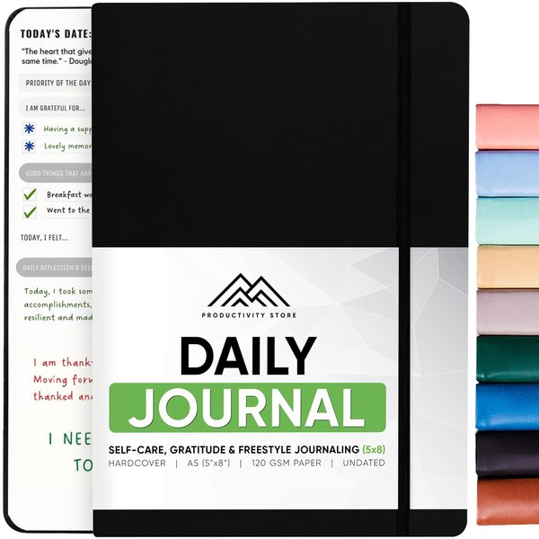 Best Daily Journal for Men & Women for Mindfulness, Productivity, Happiness & Self Care | Gratitude Journal, Affirmation Journal, Positivity Journal, Manifestation Journal, Self-Care Journal, Habit Tracker & Daily Journal with Prompts (Black)