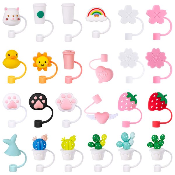 24 Pieces Drinking Straw Tips Lids Covers Cap Silicone Reusable Adorable Dust-Proof Straw Plugs for 6-8 mm Straws (Classic Style)