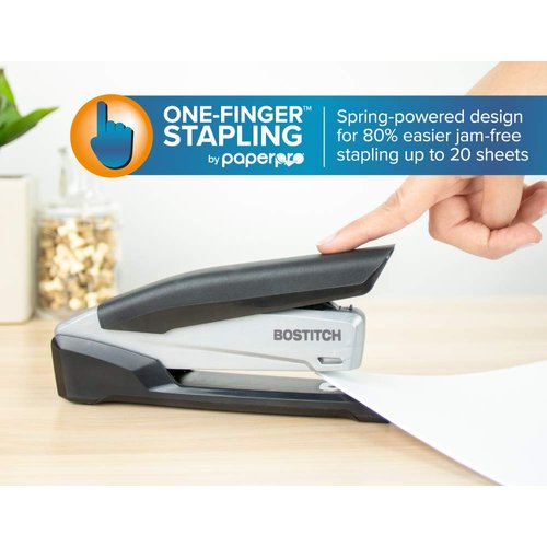 Bostitch Office Executive 3 in 1 Stapler, Includes 210 Staples and Integrated Staple Remover, One Finger Stapling, No Effort, 20 Sheet Capacity, Spring Powered Stapler, Black/Gray (INP20)