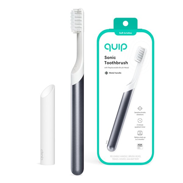 Quip Adult Electric Toothbrush - Sonic Toothbrush with Travel Cover & Mirror Mount, Soft Bristles, Timer, and Metal Handle - Slate