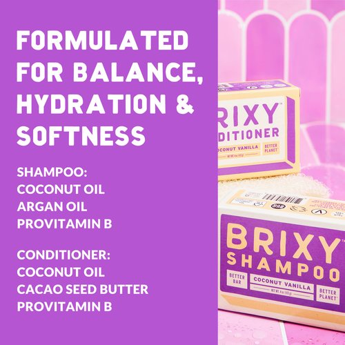 BRIXY Shampoo and Conditioner Bar Set for Balance & Hydration, Vegan & Plastic Free, All Hair Types, pH Balance & Safe for Color Safe - Coconut Vanilla