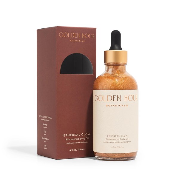 GOLDEN HOUR BOTANICALS Organic Skincare Products Made in USA, Vegan, Cruelty Free, Moisturizing + Hydrating Shimmer Gold Glitter Body Oil, 4fl oz/118ml, Ethereal Glow