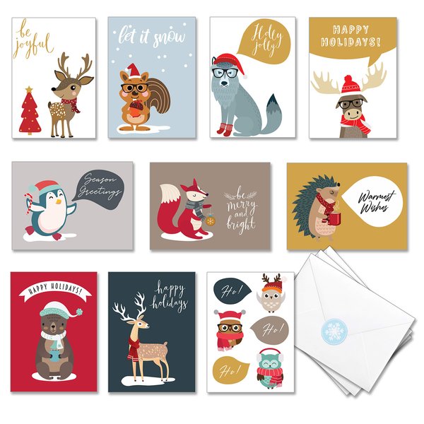 Holiday Greeting Cards with Envelopes and Stickers - Pack of 50 Merry Christmas Notes – 10 Unique Woodland Animals designs, Thick Cardstock, 4X6 Inch in a Sturdy Box, Blank Inside' (Mix)