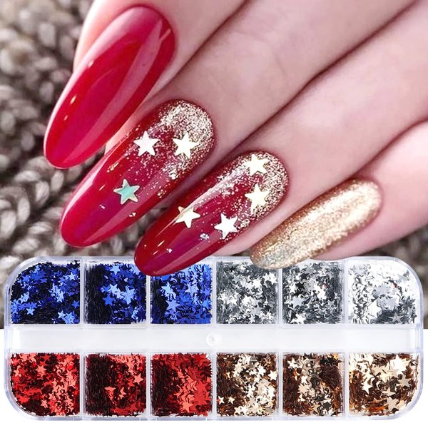 Independence Day Nail Art Glitter Flakes 12 Grids Nail Sequins Star Nail Supplies Mixed Blue Red Sequins Crafts Charms Designs DIY USA Nail Decorations Nail Art Accessories for Women Girl
