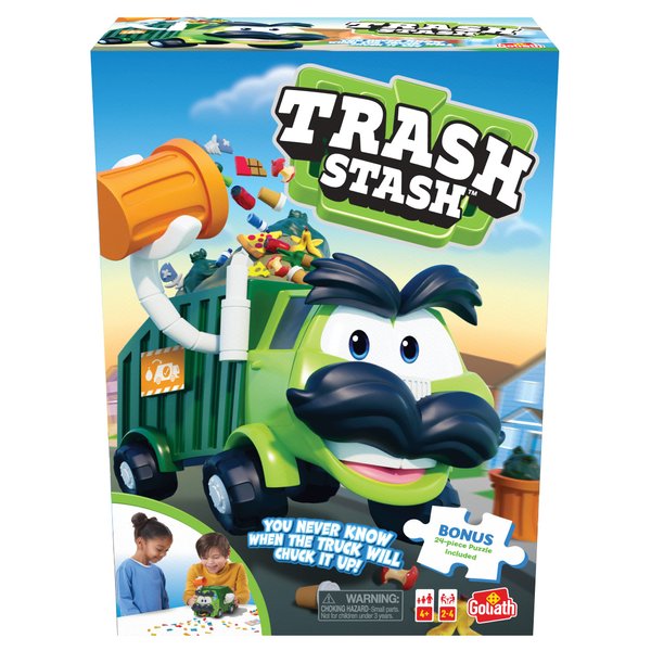 Goliath Trash Stash Game w/ 24pc Puzzle - Fill Trashcan, Watch It Dump Into Garbage Truck Or Truck Chucks It Up - Includes 24-Piece Puzzle