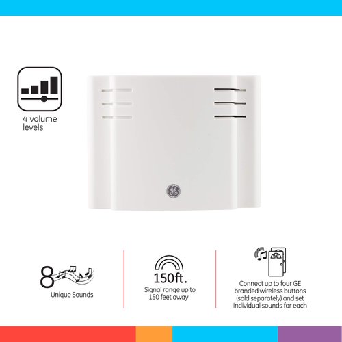 GE Wireless Doorbell Kit, Battery Operated Receiver, 2 Push Buttons Door Bell, 8 Melodies Doorbell Chime, 4 Volume Levels, Classroom Doorbell, 150 Ft Range, White, 19297