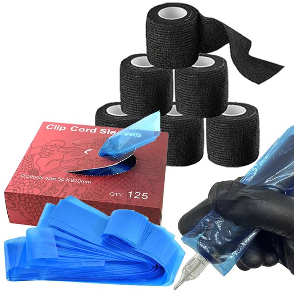 Grip Tape Wraps and Clip Cord Covers - NAQASE 6pcs Tattoo Bandages Elastic Grip Tape Wraps and 125pcs Clip Cord Covers Wrap Pen Bags Cord Sleeves Blue Clip Cord Bags
