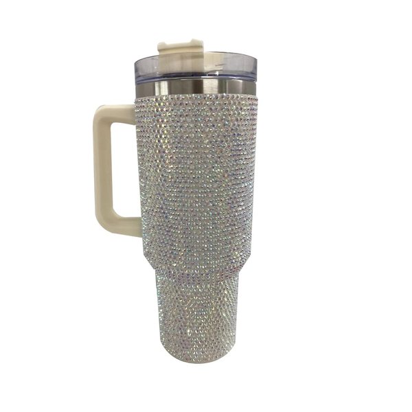 MYHOBBY Shiny Rhinestone 40 Oz Tumbler with Handle,Stainless Steel Insulated Travel Coffee Mug Double Wall Leak Resistant Vacuum Tumbler with Straw,White
