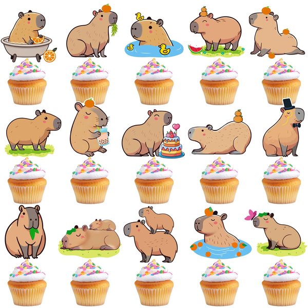 Capybara Cupcake Toppers Capybara Birthday Party Decorations 48Pcs Capybara Theme Cake Decorations Capybara Animals Cake Toppers for Capybara Lovers Baby Shower Supplies