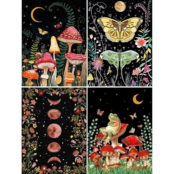 VeGuude Paint by Numbers for Adults and Kids Beginner, 4 Pack Painting by Number Kits On Canvas, Without Frame DIY Moon Mushroom Oil Painting Acrylic Paints, Home Wall Decor Gift 12x16inch