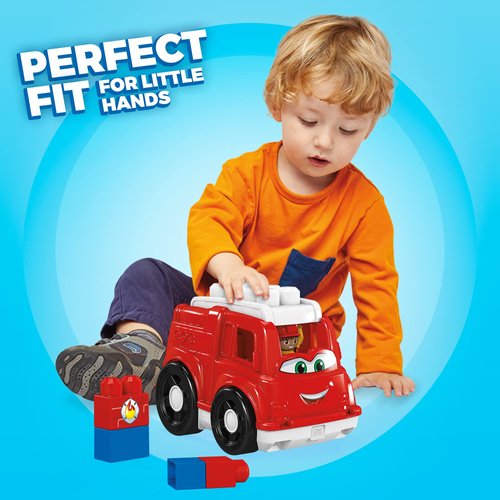 Mega BLOKS Fisher-Price Toddler Building Blocks, Freddy Fire Truck with 6 Pieces and Storage, 1 Figure, Red, Toy Car Gift Ideas for Kids