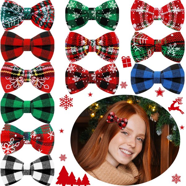 24 Pieces Christmas Buffalo Plaid Hair Bow for Girls Christmas Hair Bows Snowflakes Plaid Hair Bow Clips Plaid Checkered Ribbon Hair Barrettes Accessories for Toddler Girls Women Hair Styling