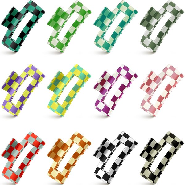 12 Pieces Hair Claw Clip 3.2 Inch Multicolored Checkered Hair Clips Nonslip Plaid Rectangle Claw Clip Strong Hold Y2k Hair Accessories Styling Claw Clamps for Women Girls Thick Thin Hair, 12 Styles