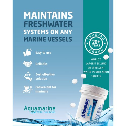 Aquatabs Marine Water Purification Tablets for Drinking - 397mg 100 Count Tub - Portable Water Purifier Tablets. Water Purification System Used to Maintain Freshwater Systems on Marine Vessels.