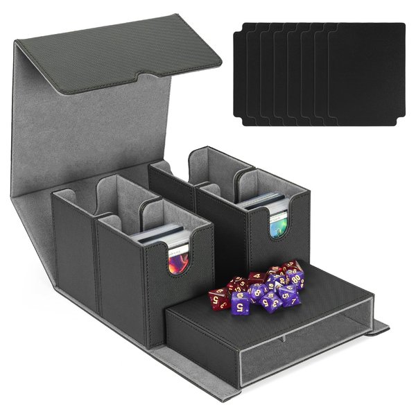 MTG Deck Box with Dice Tray, 5 in 1 Commander Deck Box Fits 840+ Sleeveless Cards, Leather Magnetic Deck Box MTG, Detachable Deck Box TCG CCG YuGiOh, Trading Card Deck Box with 8 Dividers (Black&Gray)