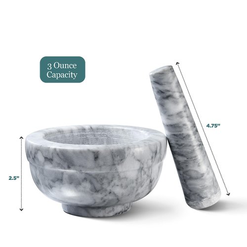 Sagler Mortar and Pestle Set - Small Grinding Bowl Container for Guacamole, Spices, Salsa, Pesto, Herbs - Best Mortar and Pestle Spice and Pills Crusher Set, Holds Up to 2.5oz - 3.75x2’’, Marble Gray