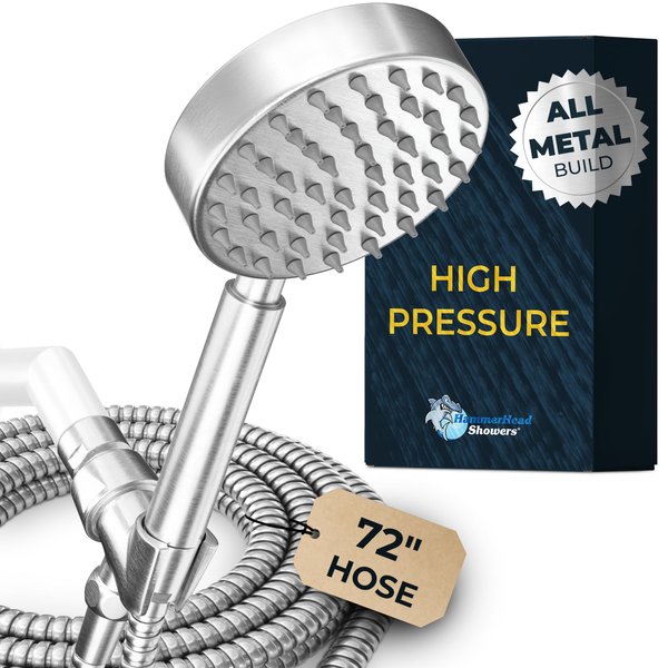 ALL METAL Handheld Shower Head with Hose and Brass Holder- BRUSHED NICKEL - 2.5 GPM High Pressure - with Adjustable Wand Bracket - 6ft Flexible Extension