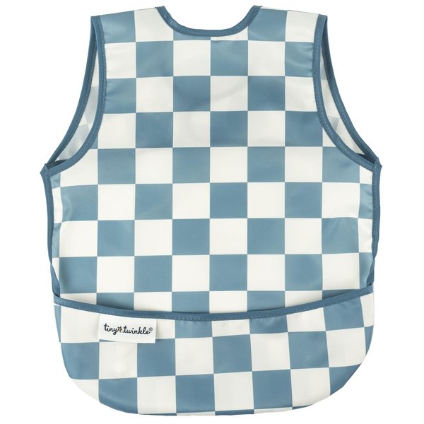 Tiny Twinkle Mess Proof Baby Bib - Waterproof Baby Apron - Machine Washable - PVC, BPA, & Phthalate Free - Great Travel Bib for Baby Eating - Baby Food Bibs (Blue Steel Checkers, Small 6-24 Months)