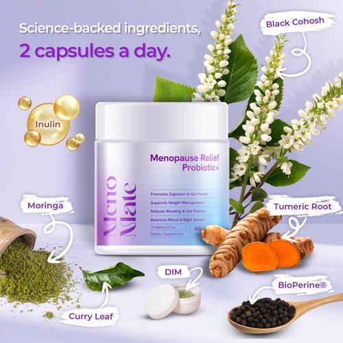 MenoMate Menopause Relief Probiotic + for Women, Supplement Help Allevitate Hot Flashes, Gut Health, Weight Management, Night Sweats, Mood Swings - Hormonal Balance - 60 Vegan Capsules, 10B CFUs