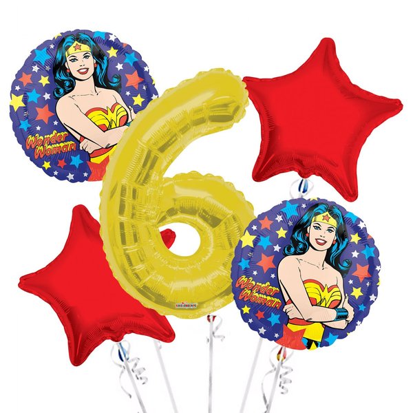 Wonder Women Balloon Bouquet 6th Birthday 5 pcs - Party Supplies