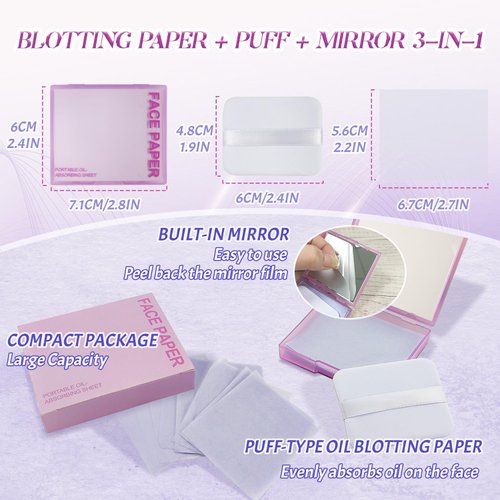 BOROLA 3-in-1 Oil Blotting Paper Set for Face 100 Sheets Oil Absorbing Sheets with Portable Mirror & Adhesive Makeup Puff, Blotting Papers for Oily Skin, Design for Men & Women