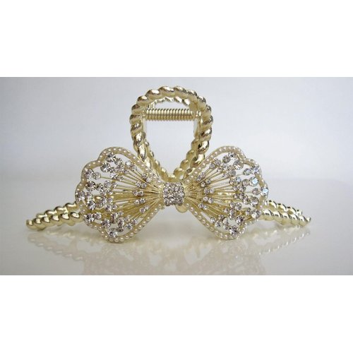 Generic Long one sided round crystal bow gold metal hair claw clip for medium thick hair