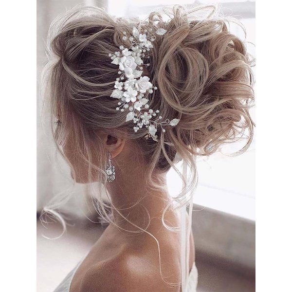 Unicra Flower Bride Wedding Hair Vine Pearl Bridal Hair Piece Leaf Hair Accessories Rhinestone Headband for Women and Girls (9inches) (Silver)