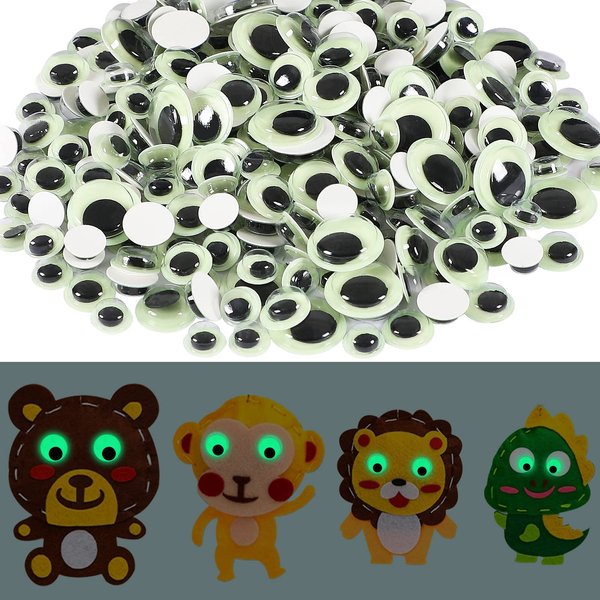 UPINS 300Pcs Googly Wiggle Eyes Self Adhesive, Glow in The Dark Wiggle Eyes for Craft Sticker Sparkle Googly Eyes for DIY Decoration 6mm 8mm 10mm 12mm