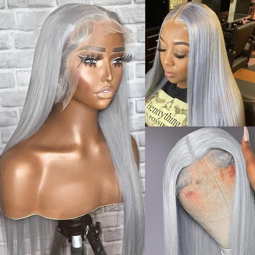 Grey Lace Front Wigs Human Hair, 30 Inch 13x6 Silver Grey Wig Human Hair Pre Plucked Glueless HD Lace Front Grey Wigs for Black Women 180% Density Straight Human Hair Lace Front Wigs Colored Grey