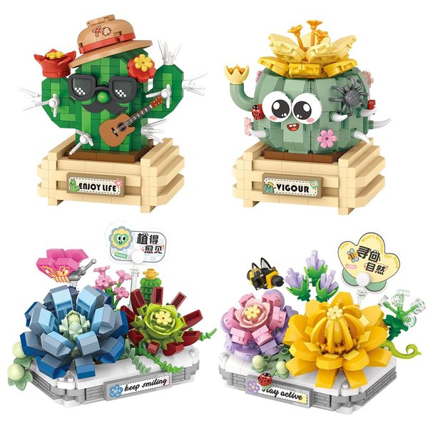 LOZ M6605 Micro Bricks 4 in 1 Potted Plant Building Blocks Sets, 1590 PCS Bricks Home Decor Plant Bonsai, Contains Saussurea Involucrata/Lotus/Cactus/Ball Cactus, Creative for Adults