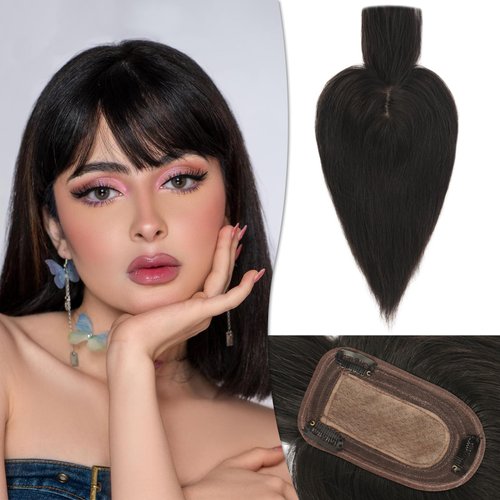 RUWISS Human Hair Topper with Bangs Crown Topper Hair Pieces for Women Short Wiglet Topper for Thinning Hair 7.5 * 13CM Silk Base 100% Real Human Hair Clip in Topper 12Inch 40g（Natural Black）