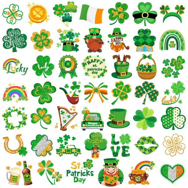 HOWAF 96pcs St. Patrick's Day Temporary Tattoos,Glitter Shamrock Tattoo Stickers for Irish Party Decorations,Lucky Clover Face Tattoos with Leprechaun for Green Party Parade Makeup